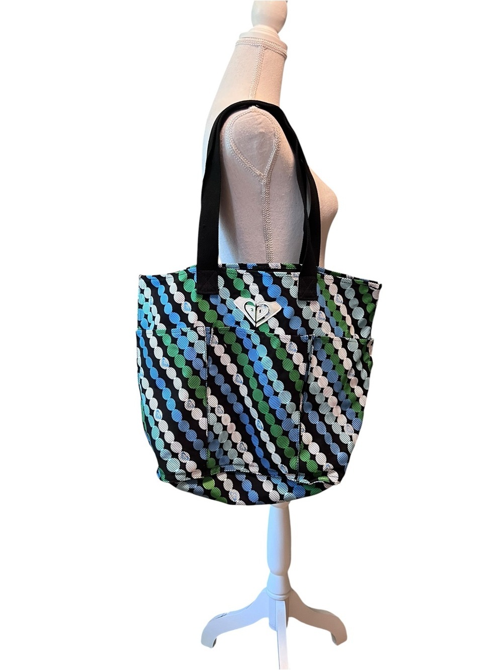 Roxy Diagonal Dot Large Cotton Tote in Blue, Green & Black